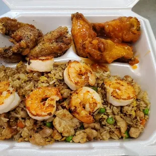 Here is our most popular combo: 10pc wings with our house rice (beef,chicken,shrimp)!!