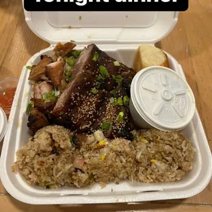 a meal in a styrofoam container
