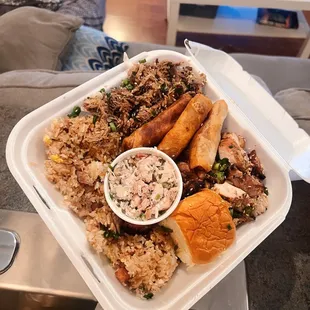 a meal in a styrofoam container