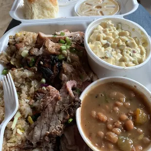 Chicken and Tri-Tip over huge scoops of Spam fried rice with beans, macaroni salad and a roll.  Delicious food