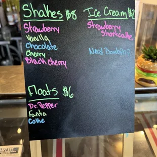 Shakes, floats, and ice cream board.