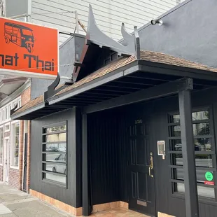 the entrance to a restaurant