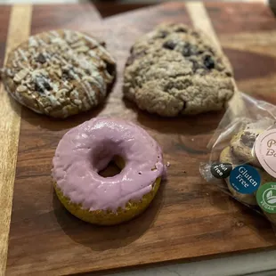 Lemon Lavender Ube Donut, incredible Cookie, Blueberry Scone and Chocolate Chip Cookies