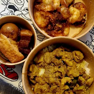 NY Steak Southern Thai Curry, pad phet ( in the same bowl ), pork belly palo and garlic pepper shrimp