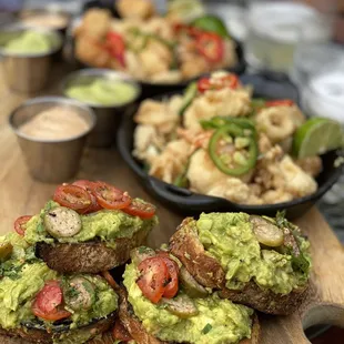 Avocado Toast , Calamari, Scallops, Shrimp etc.