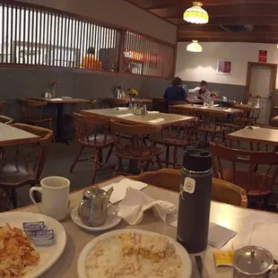 Warm and cozy place and our morning feast before hitting the road.