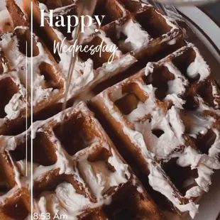 a waffle with whipped cream