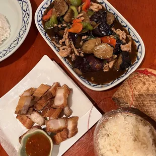 Great Combo.. Fried Pork Belly &amp; Thai Basil Eggplant + rice.