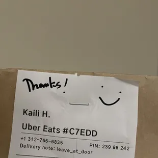 a receipt for a food delivery