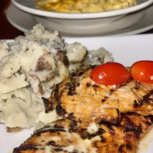 Roasted chicken, Garlic-Parmesan Mashed Potatoes, Mac and Cheese