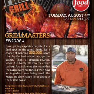 a man in an orange shirt and a bbq