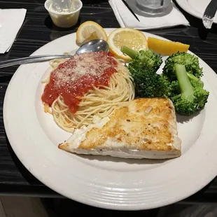 Grilled Halibut, with pasta marinara and steamed vegetables
