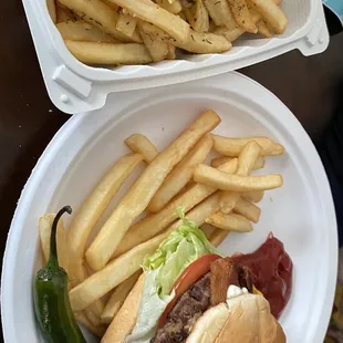 Bacon cheeseburger and garlic fries :)