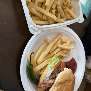 Phila Burger Garlic Fries/regular fries and Bacon Cheeseburger! With jalapeño side from my house!