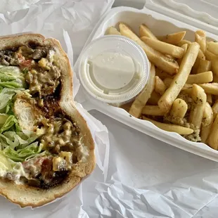 Cheese Steak Hoagie and Garlic Fries