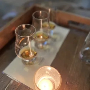 three glasses of whiskey on a table