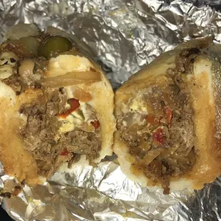 The works with cherry peppers with hot sauce on the side. Sooooo good.