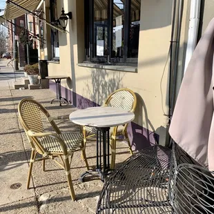 Outdoor tables and seating in the morning