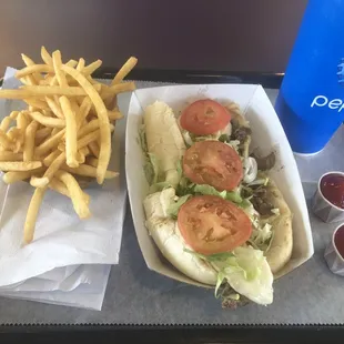 The #2 Philly Cheese Steak Supreme with fries and a drink.