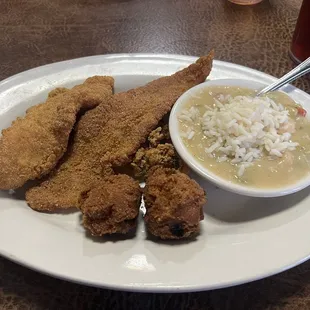 Small 50/50 platter: fried catfish &amp; oysters, hush puppies &amp; lima beans with shrimp