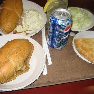 2 Roast Beef Sandwichs, potato salad, cole slaw, lemonade, pepsi, and apple pie