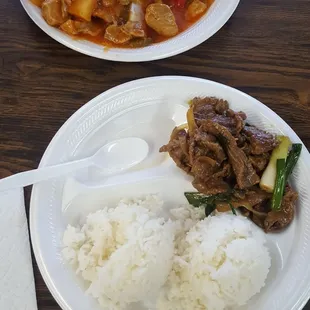 Menudo and rice for the wife and beef and rice for me.