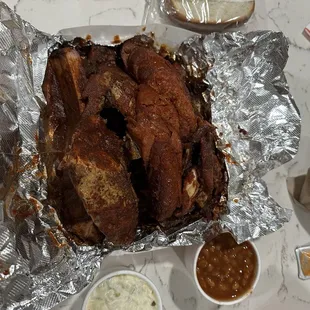 Rib Tips, pork ribs , hot Beef Links BBQ Beans &amp; Potato Salad