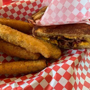 Grilled cheese with bacon and fried pickles!  Tasty!