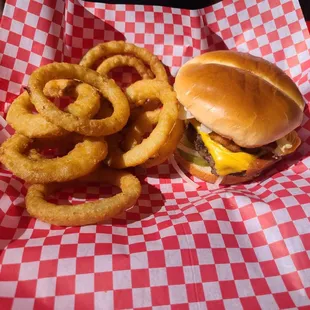 Burger and onion rings