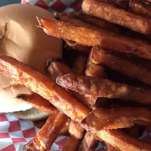 Old fashioned hamburger and sweet potato fries