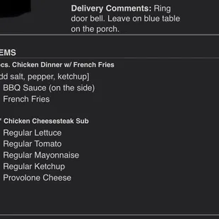 Proof that I requested toppings on the wings and fries and that I had comments in the delivery section
