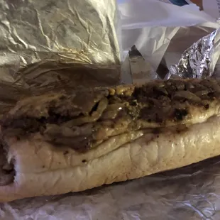 Soggy bun No having cheese Philly cheesesteak sandwich