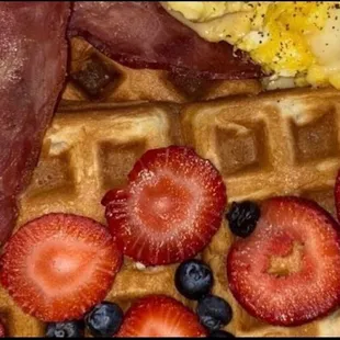 2 Piece Turkey Bacon Mega Waffle Eggs scrambled Strawberries &amp; blueberries