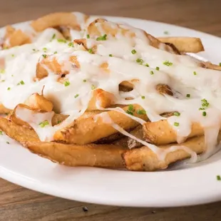 a plate of fries covered in cheese