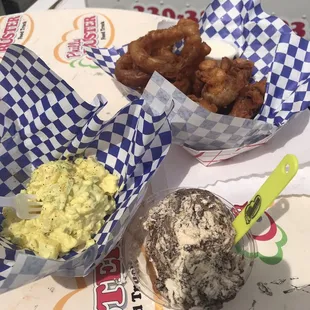 Potato salad, onion rings, scoop of Buckeye Blitz ice cream