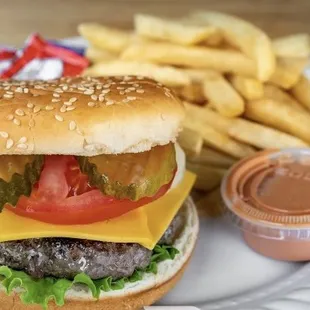 a hamburger and french fries