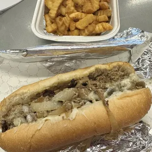 Half Cheesesteak with Fried Onions, Mushrooms and Provolone, Side of Fries