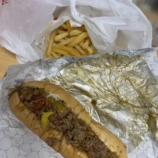 a hot dog and french fries