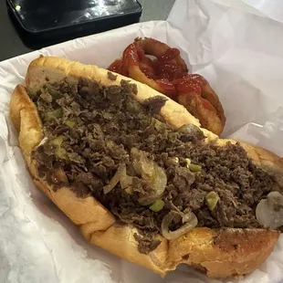 Classic cheesesteak and onion rings