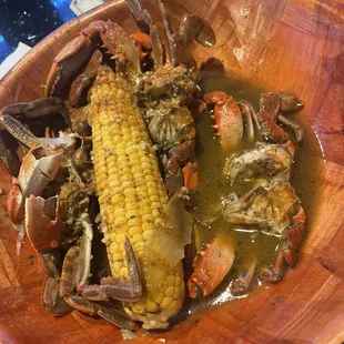 The remains of my crab bowl with corn potatoes and blue crabs