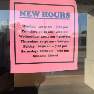 New Hours in the door. Would have been nice to know they close so early on Wednesdays BEFORE driving through traffic to get here.