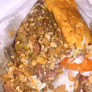 Left over crumbs from the stove put into a sandwich