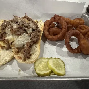 Half philly (no green peppers) with a side of onion rings
