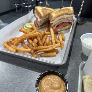 Club sandwich with fries and cajun mayo plus ranch