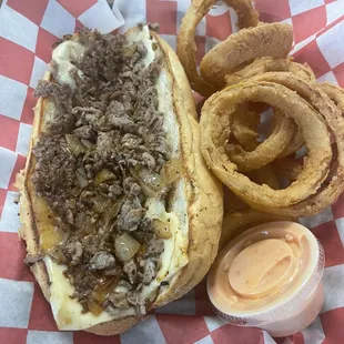 Philly Cheese Steak and Onion Rings