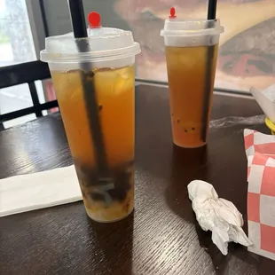 Passion Fruit Green Tea with lychee jelly and boba; boba is soft!
