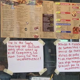 Menu and notice of price increase