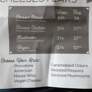 Menu (front page) from Philly Steak Co.