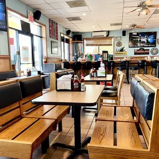 Inside of shop facing bar area - neat, clean, tidy; lots of seating, draft brews, extensive menu, SUPER REASONABLE PRICES, big portions