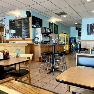 Inside of shop - neat, clean, tidy; lots of seating, full bar, draft brews, extensive menu, SUPER REASONABLE PRICES, big portions